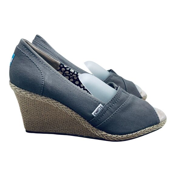 Toms Espadrilles Wedge Ash Grey Canvas Sz 10 Open Toe Heel Casual Sandal NWT - Picture 1 of 9